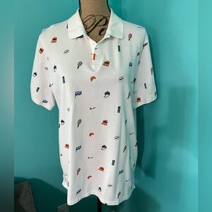 EUC NIKE Dri-Fit Men’s Polo with Dun Sports Themed Pattern Size Large